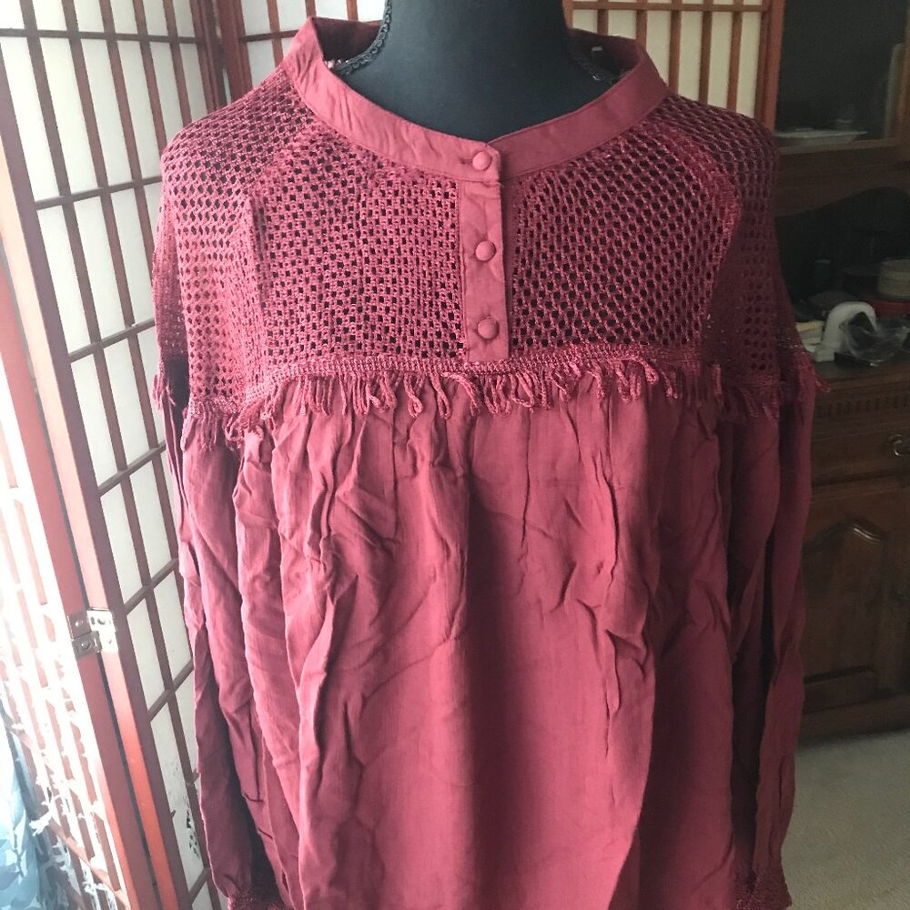 Junior Plus Size Black Burgundy Sheer Net Mesh Balloon Sleeve Relaxed Top 1X NEW